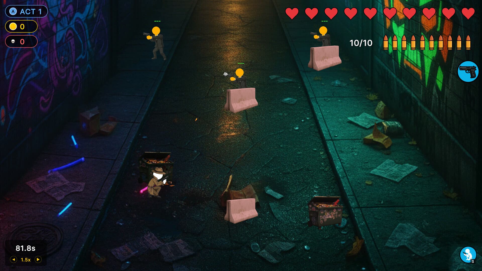 Stick Crisis gameplay: a firefight between cover positions on a city street.